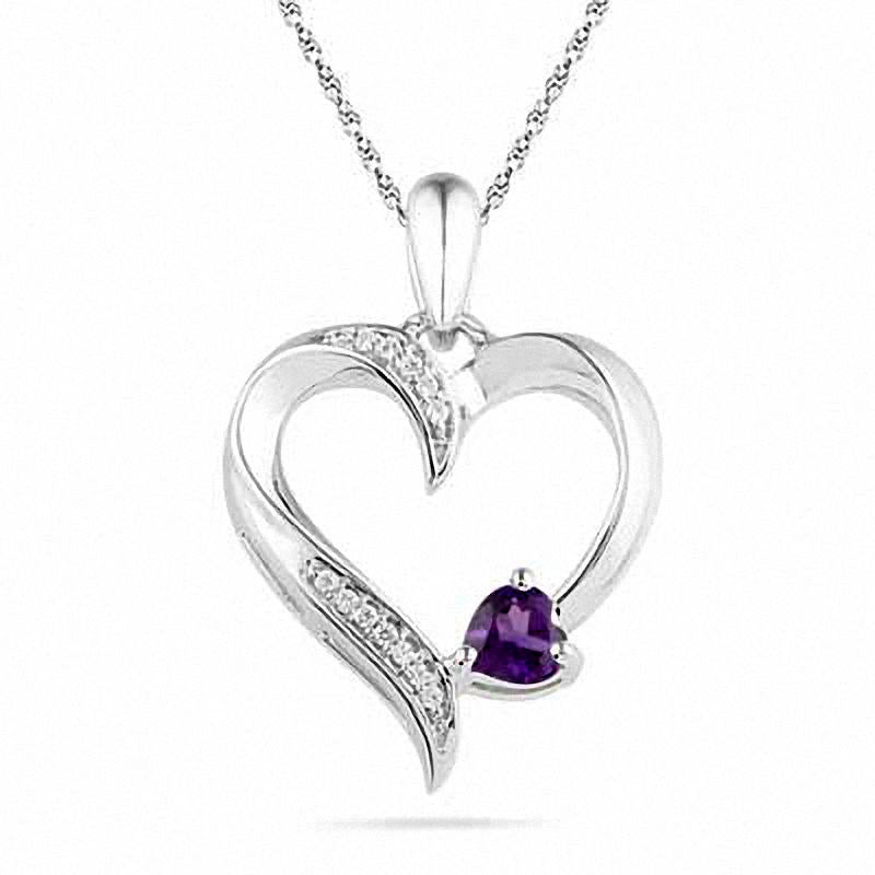 Heart-Shaped Amethyst and Natural Diamond Accent Heart Pendant in Sterling Silver