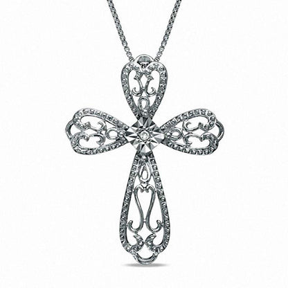 Natural Diamond Accent Lacy Cross Pendant in Sterling Silver