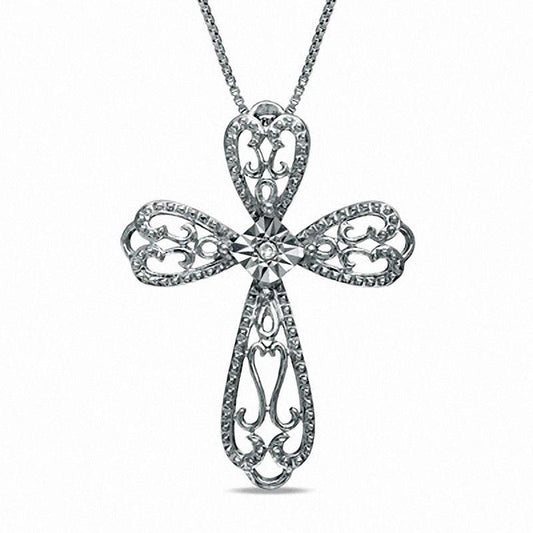 Natural Diamond Accent Lacy Cross Pendant in Sterling Silver