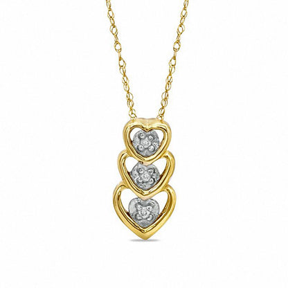 Natural Diamond Accent Linear Triple Heart Pendant in 10K Yellow Gold
