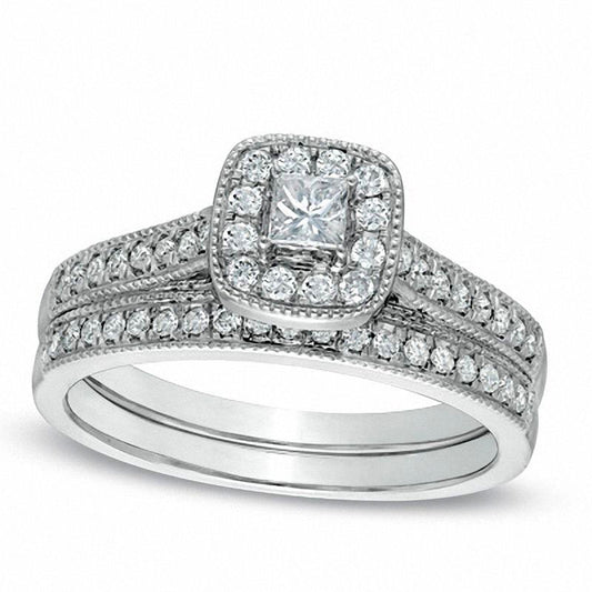 0.50 CT. T.W. Princess-Cut Natural Diamond Antique Vintage-Style Bridal Engagement Ring Set in Solid 10K White Gold