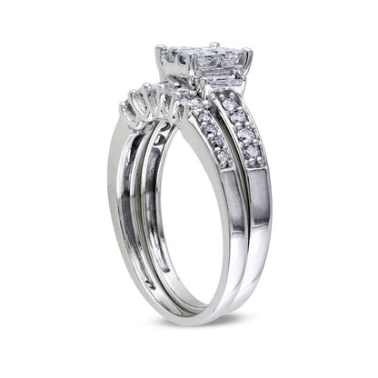 1.0 CT. T.W. Quad Princess-Cut Natural Diamond Bridal Engagement Ring Set in Solid 14K White Gold