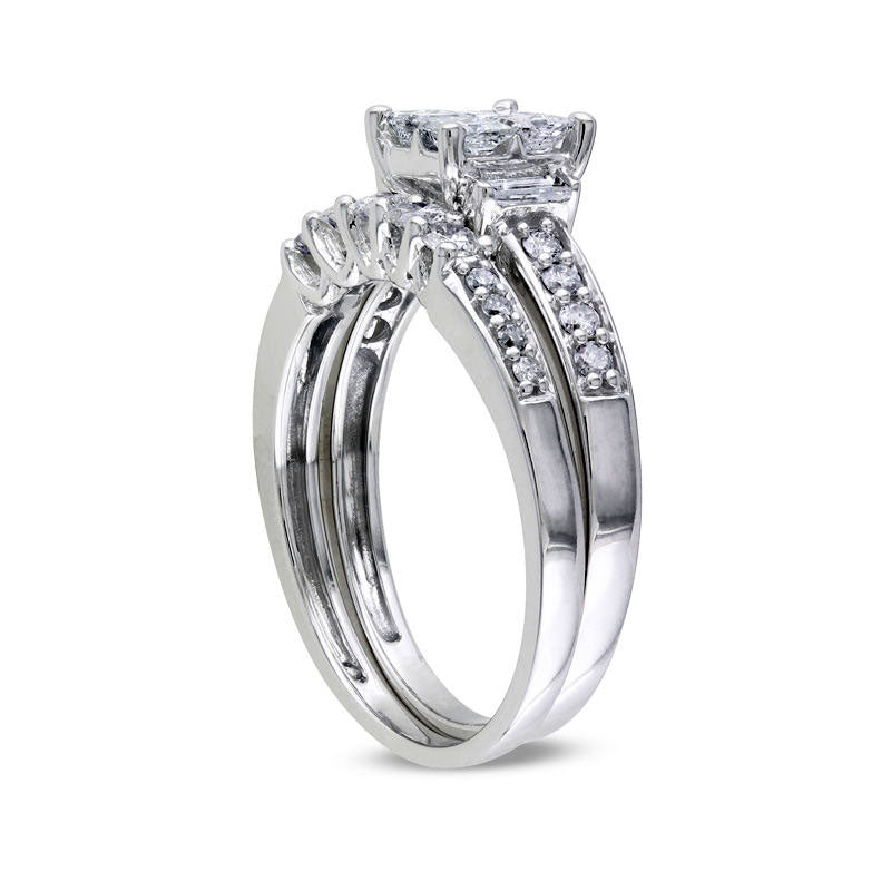 1.0 CT. T.W. Quad Princess-Cut Natural Diamond Bridal Engagement Ring Set in Solid 14K White Gold