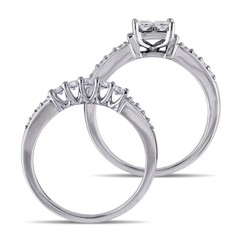 1.0 CT. T.W. Quad Princess-Cut Natural Diamond Bridal Engagement Ring Set in Solid 14K White Gold