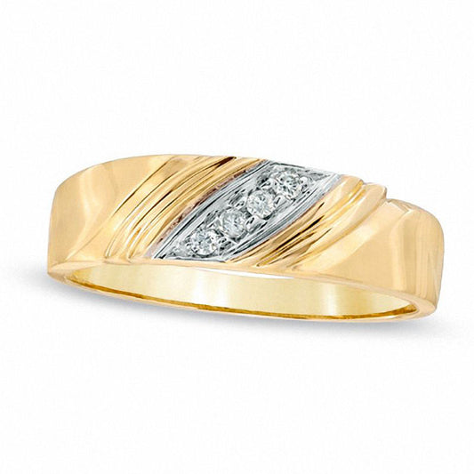 Men's Natural Diamond Accent Grooved Wedding Band in Solid 10K Yellow Gold