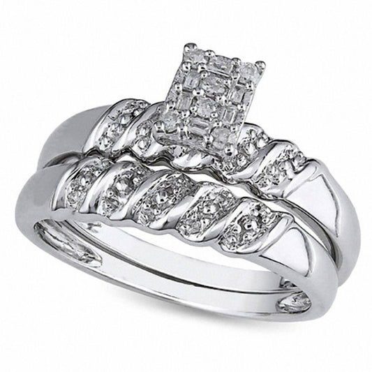 0.10 CT. T.W. Natural Diamond Rectangular Cluster Bridal Engagement Ring Set in Sterling Silver
