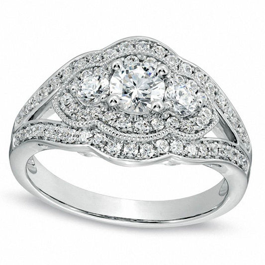 1.0 CT. T.W. Natural Diamond Antique Vintage-Style Three Stone Engagement Ring in Solid 14K White Gold