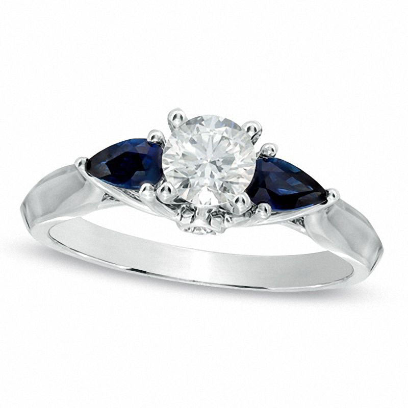 0.50 CT. T.W. Natural Diamond and Pear-Shaped Blue Sapphire Three Stone Ring in Solid 14K White Gold