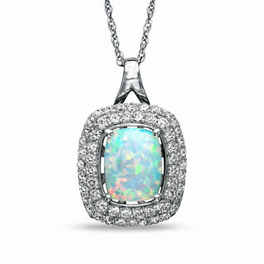 Cushion-Cut Lab-Created Opal and White Sapphire Pendant in Sterling Silver