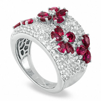 Pear-Shaped Lab-Created Ruby and White Sapphire Flower Band in Sterling Silver