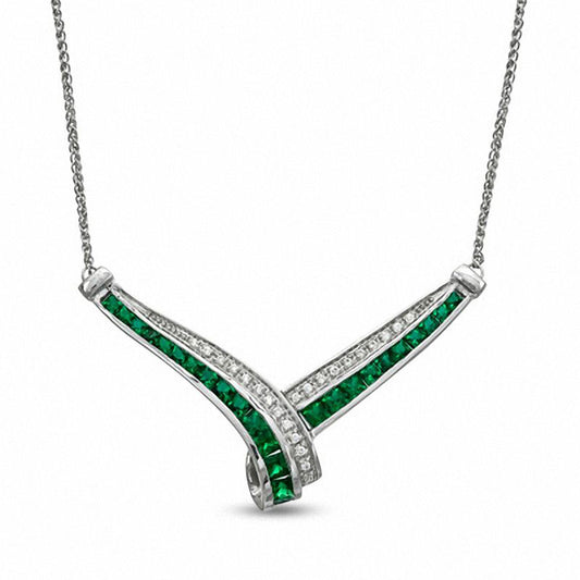 Princess-Cut Lab-Created Emerald and White Sapphire Chevron Necklace in Sterling Silver - 17"