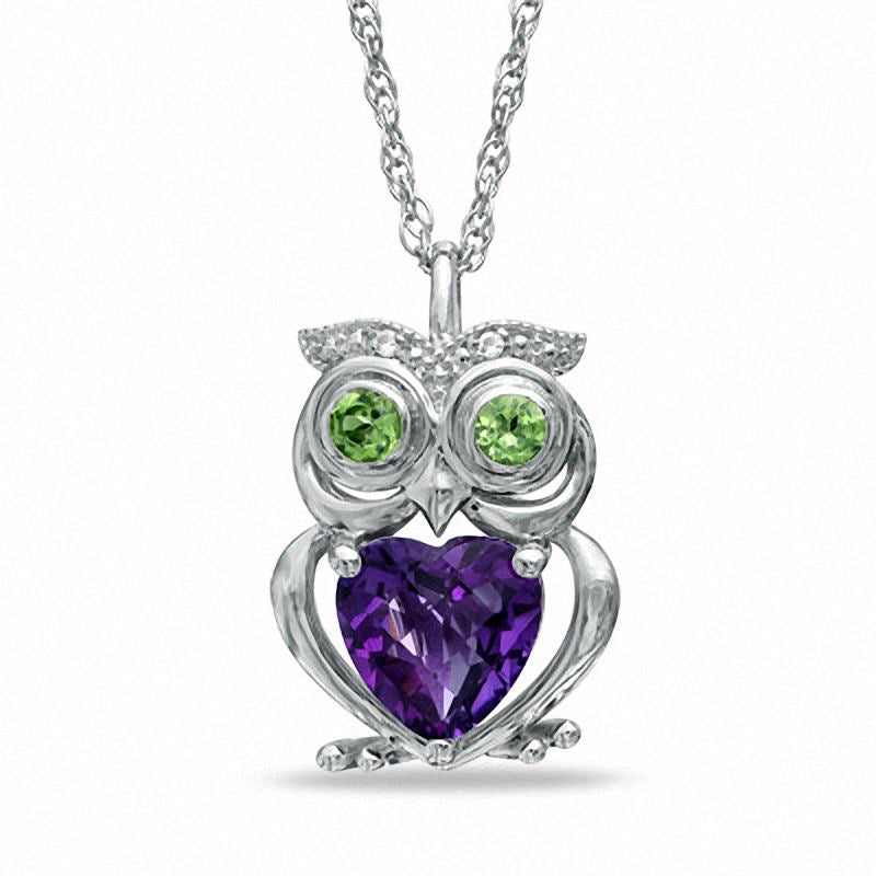 7.0mm Heart-Shaped Amethyst, Peridot and Lab-Created White Sapphire Owl Pendant in Sterling Silver