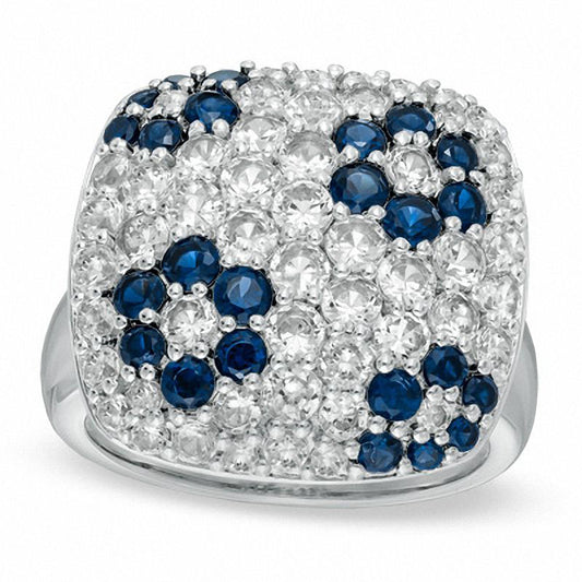 Lab-Created Blue and White Sapphire Flower Ring in Sterling Silver