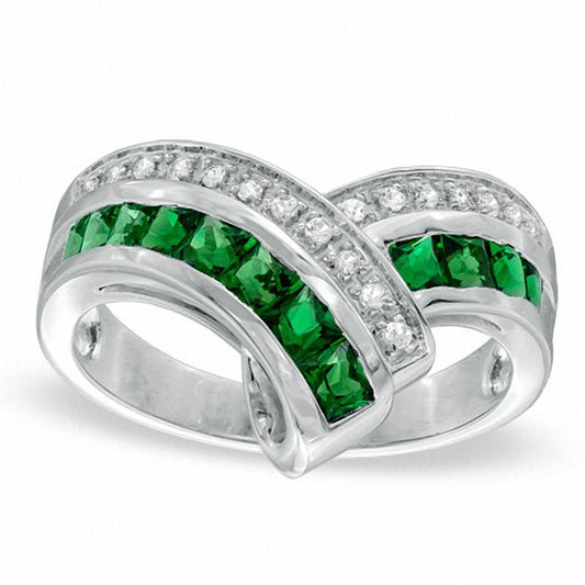 Princess-Cut Lab-Created Emerald and White Sapphire Chevron Ring in Sterling Silver