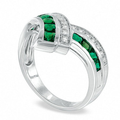 Princess-Cut Lab-Created Emerald and White Sapphire Chevron Ring in Sterling Silver