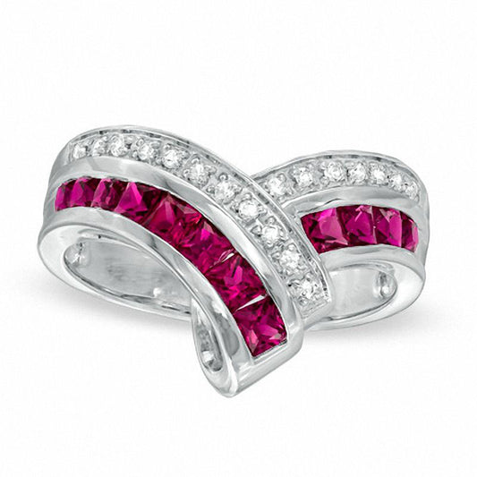 Princess-Cut Lab-Created Ruby and White Sapphire Chevron Ring in Sterling Silver