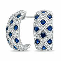 Lab-Created Blue and White Sapphire Lattice J-Hoop Earrings in Sterling Silver