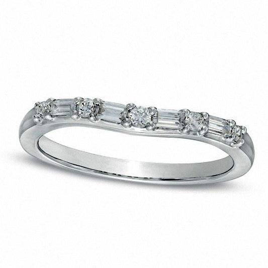 0.25 CT. T.W. Baguette and Round Natural Diamond Alternating Contour Wedding Band in Solid 14K White Gold