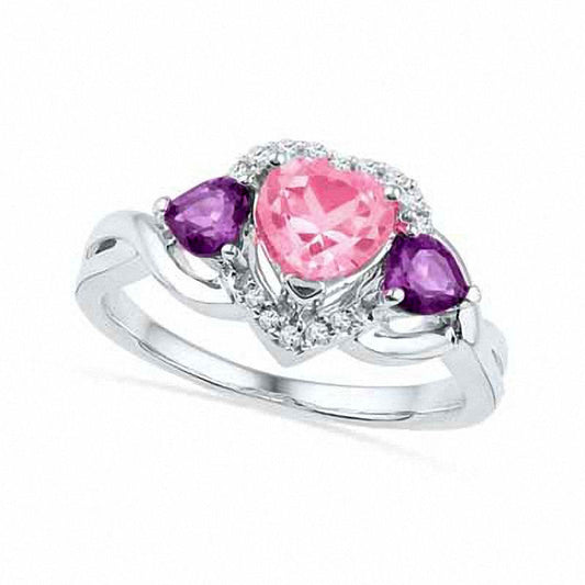 Lab-Created Pink Sapphire, Amethyst, and Diamond Accent Heart Ring in Sterling Silver