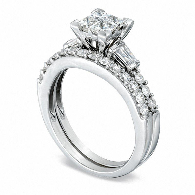 1.25 CT. T.W. Quad Princess-Cut Natural Diamond Bridal Engagement Ring Set in Solid 14K White Gold