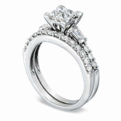 1.25 CT. T.W. Quad Princess-Cut Natural Diamond Bridal Engagement Ring Set in Solid 14K White Gold