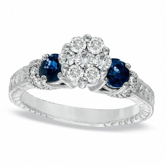 0.50 CT. T.W. Natural Diamond Flower Cluster and Blue Sapphire Engagement Ring in Solid 14K White Gold