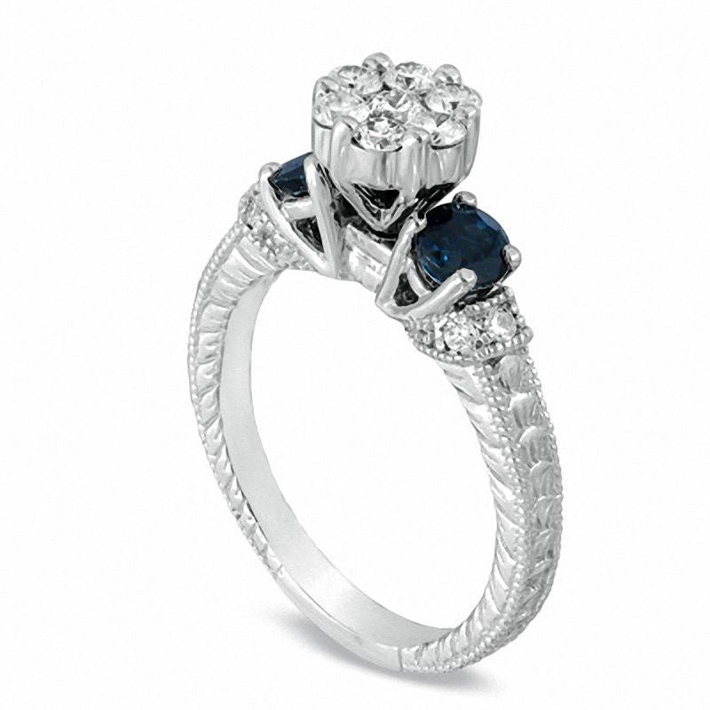0.50 CT. T.W. Natural Diamond Flower Cluster and Blue Sapphire Engagement Ring in Solid 14K White Gold