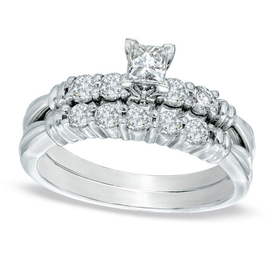 0.75 CT. T.W. Princess-Cut Natural Diamond Bridal Engagement Ring Set in Solid 14K White Gold