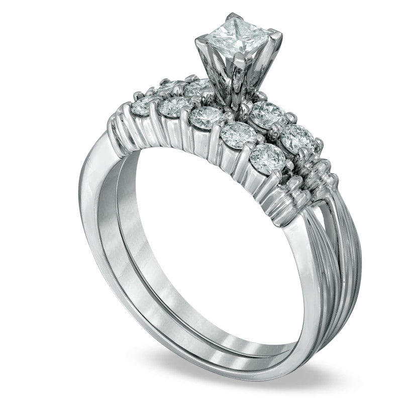 0.75 CT. T.W. Princess-Cut Natural Diamond Bridal Engagement Ring Set in Solid 14K White Gold