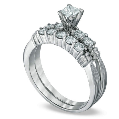 0.75 CT. T.W. Princess-Cut Natural Diamond Bridal Engagement Ring Set in Solid 14K White Gold