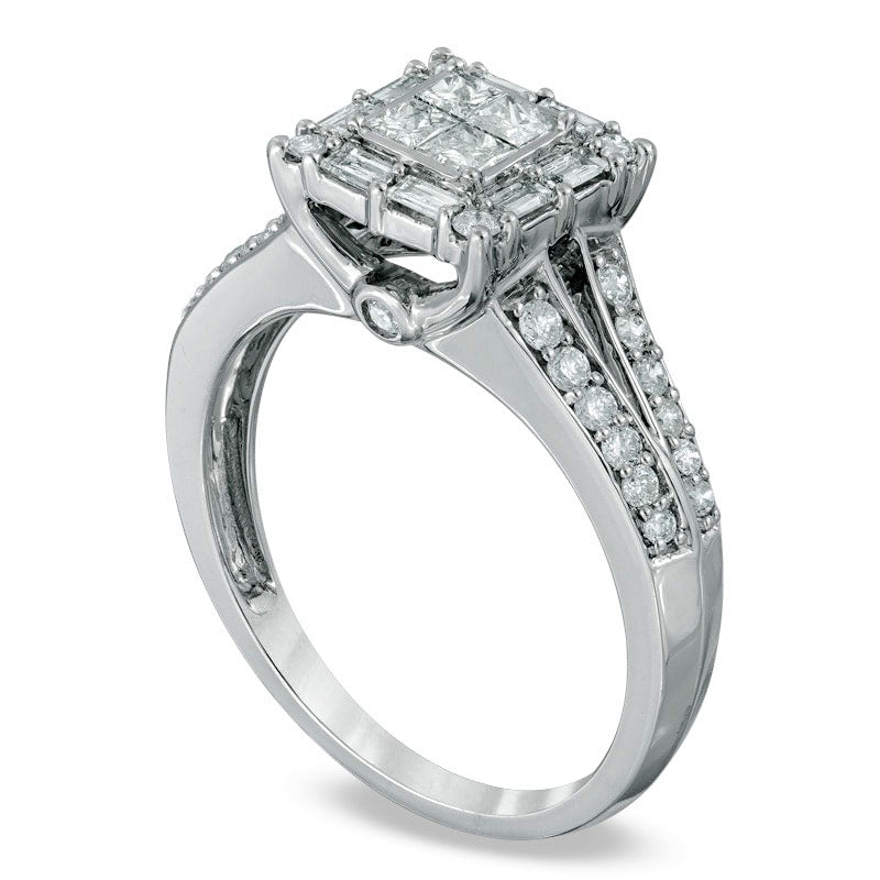 0.75 CT. T.W. Quad Princess-Cut Natural Diamond Square Frame Engagement Ring in Solid 14K White Gold