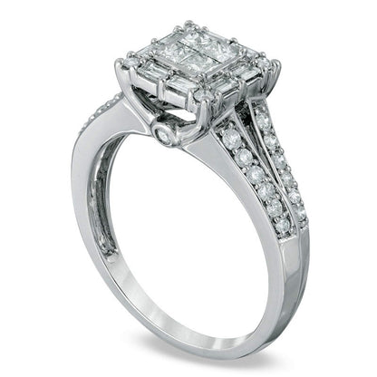 0.75 CT. T.W. Quad Princess-Cut Natural Diamond Square Frame Engagement Ring in Solid 14K White Gold