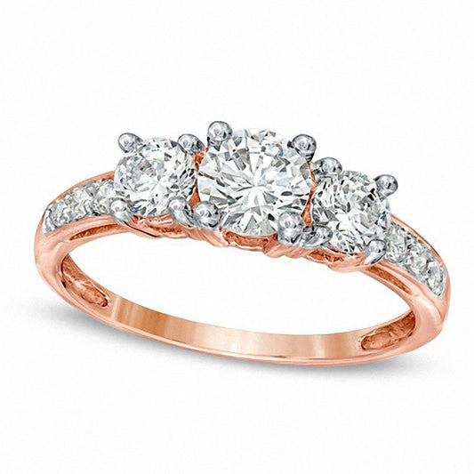 Lab-Created White Sapphire Three Stone Ring in Solid 10K Rose Gold