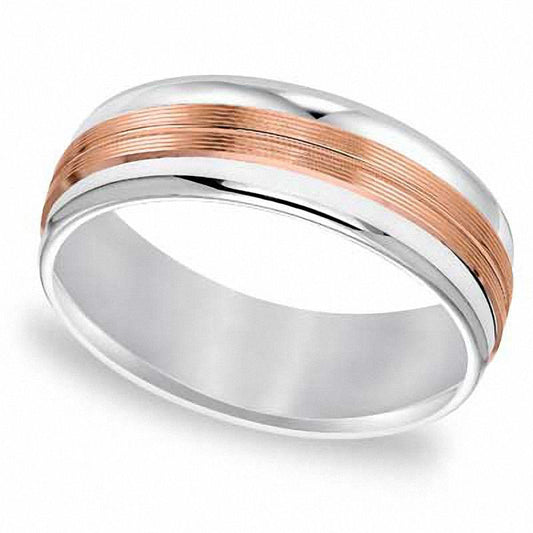 Men's 7.0mm Stripe Wedding Band in Solid 14K Two-Tone Gold