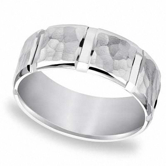 Men's 8.0mm Hammered Wedding Band in Solid 14K White Gold