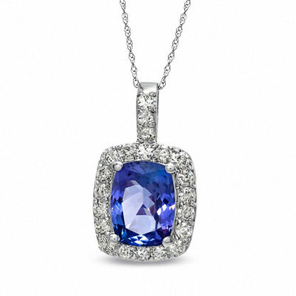 Cushion-Cut Tanzanite and 0.63 CT. T.W. Natural Diamond Pendant in 14K White Gold