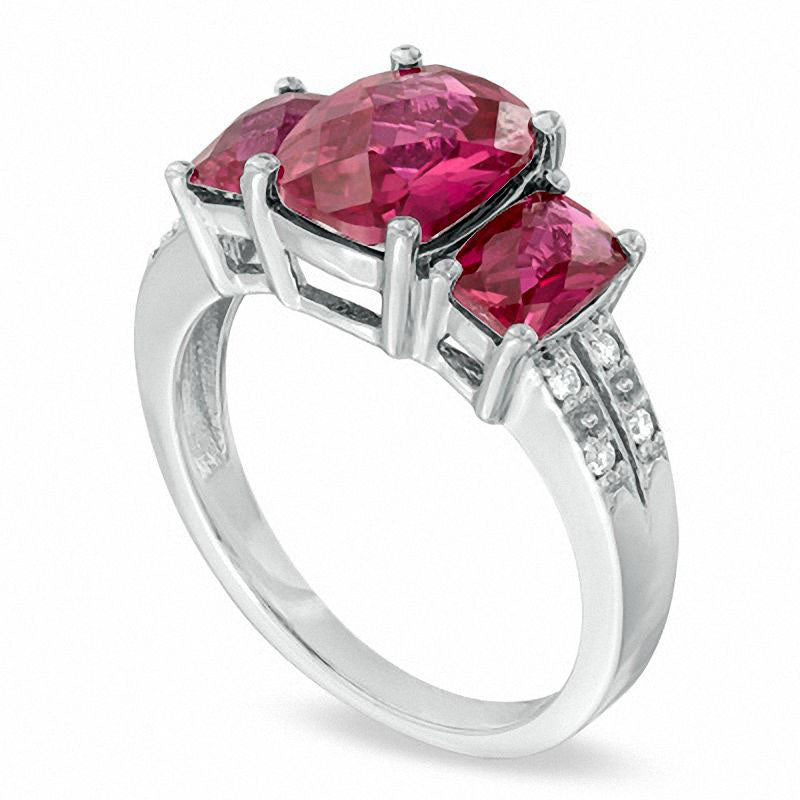 Cushion-Cut Lab-Created Ruby and Diamond Accent Ring in Solid 10K White Gold
