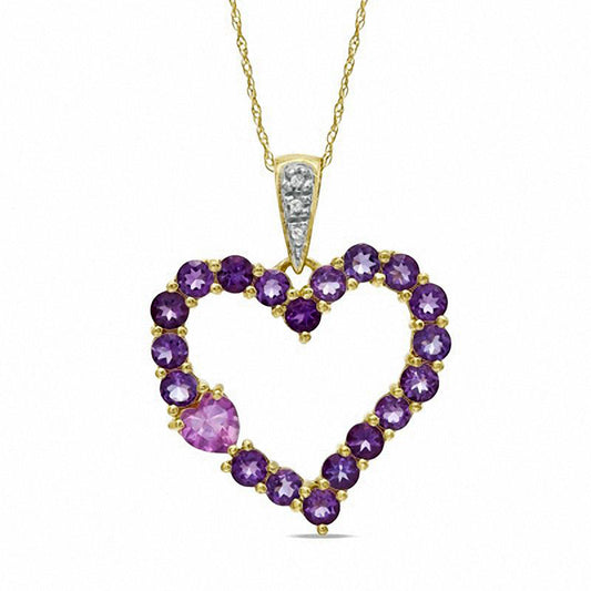 Amethyst, Lab-Created Pink Sapphire and Diamond Accent Heart Pendant in 10K Yellow Gold