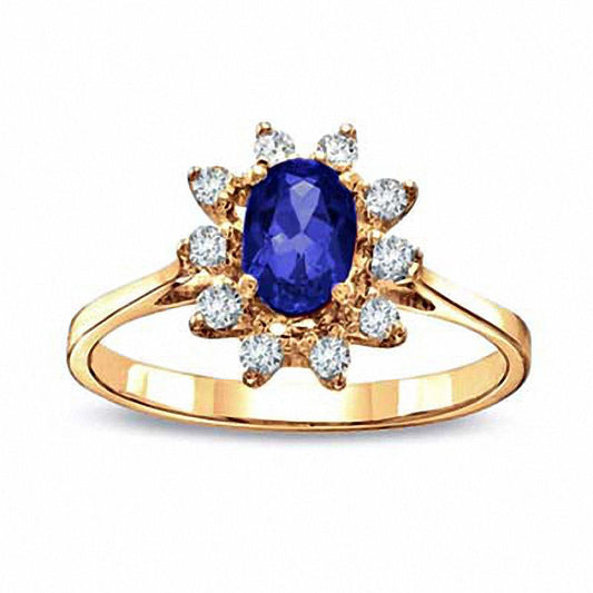 Oval Blue Sapphire and 0.13 CT. T.W. Natural Diamond Engagement Ring in Solid 14K Gold