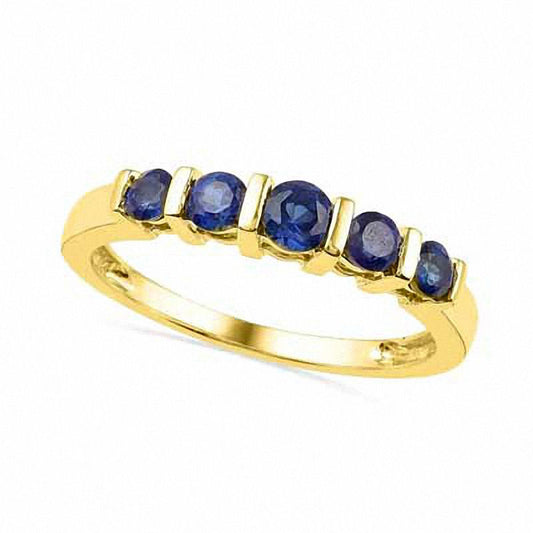 Lab-Created Blue Sapphire Five Stone Anniversary Band in Solid 10K Yellow Gold