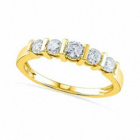 Lab-Created White Sapphire Five Stone Anniversary Band in Solid 10K Yellow Gold