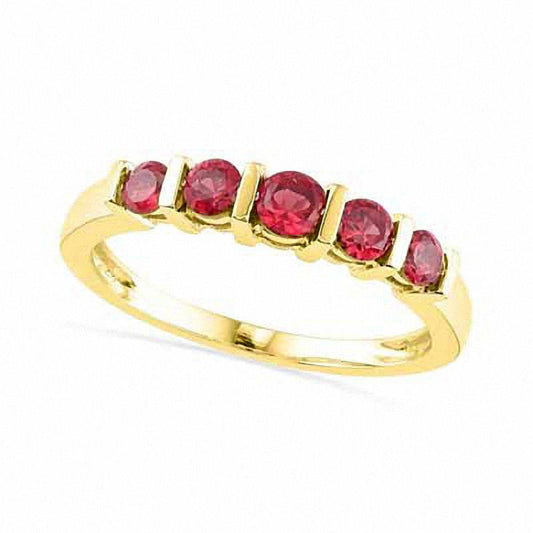 Lab-Created Ruby Five Stone Anniversary Band in Solid 10K Yellow Gold