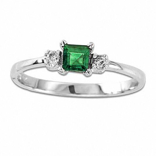 Princess-Cut Emerald and Natural Diamond Accent Engagement Ring in Solid 14K White Gold