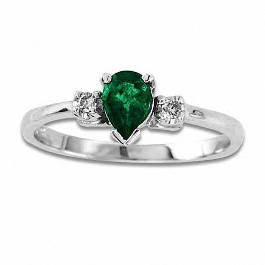 Pear-Shaped Emerald and Natural Diamond Accent Engagement Ring in Solid 14K White Gold