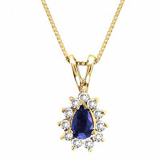 Pear-Shaped Blue Sapphire and 0.13 CT. T.W. Natural Diamond Pendant in 14K Gold - 16"