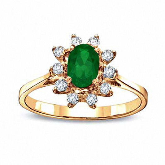 Oval Emerald and 0.13 CT. T.W. Natural Diamond Engagement Ring in Solid 14K Gold