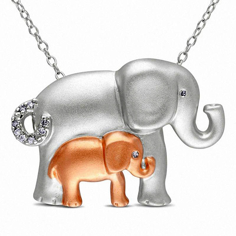 Natural Diamond Accent Motherly Elephant Pendant in Sterling Silver with Rose Rhodium