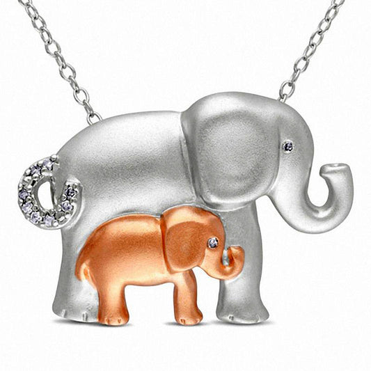 Natural Diamond Accent Motherly Elephant Pendant in Sterling Silver with Rose Rhodium