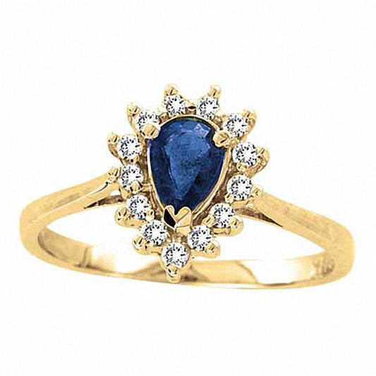 Pear-Shaped Blue Sapphire and 0.13 CT. T.W. Natural Diamond Engagement Ring in Solid 14K Gold