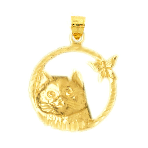14K Gold Cat with Butterfly Pendant